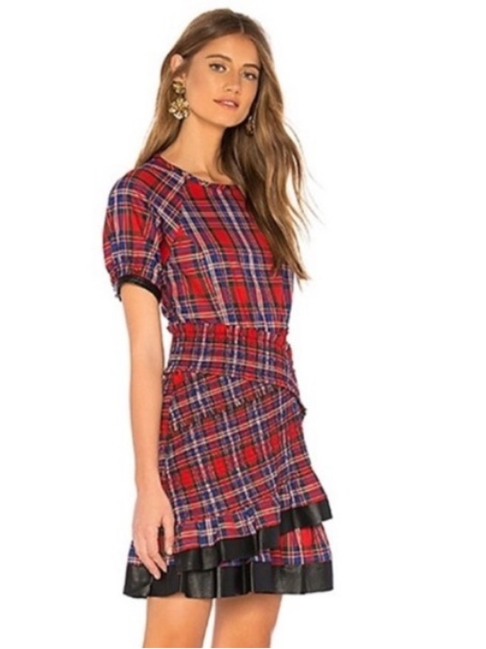 Tanya Taylor Nicole Dress Red Plaid with Leather Trim
Size 10